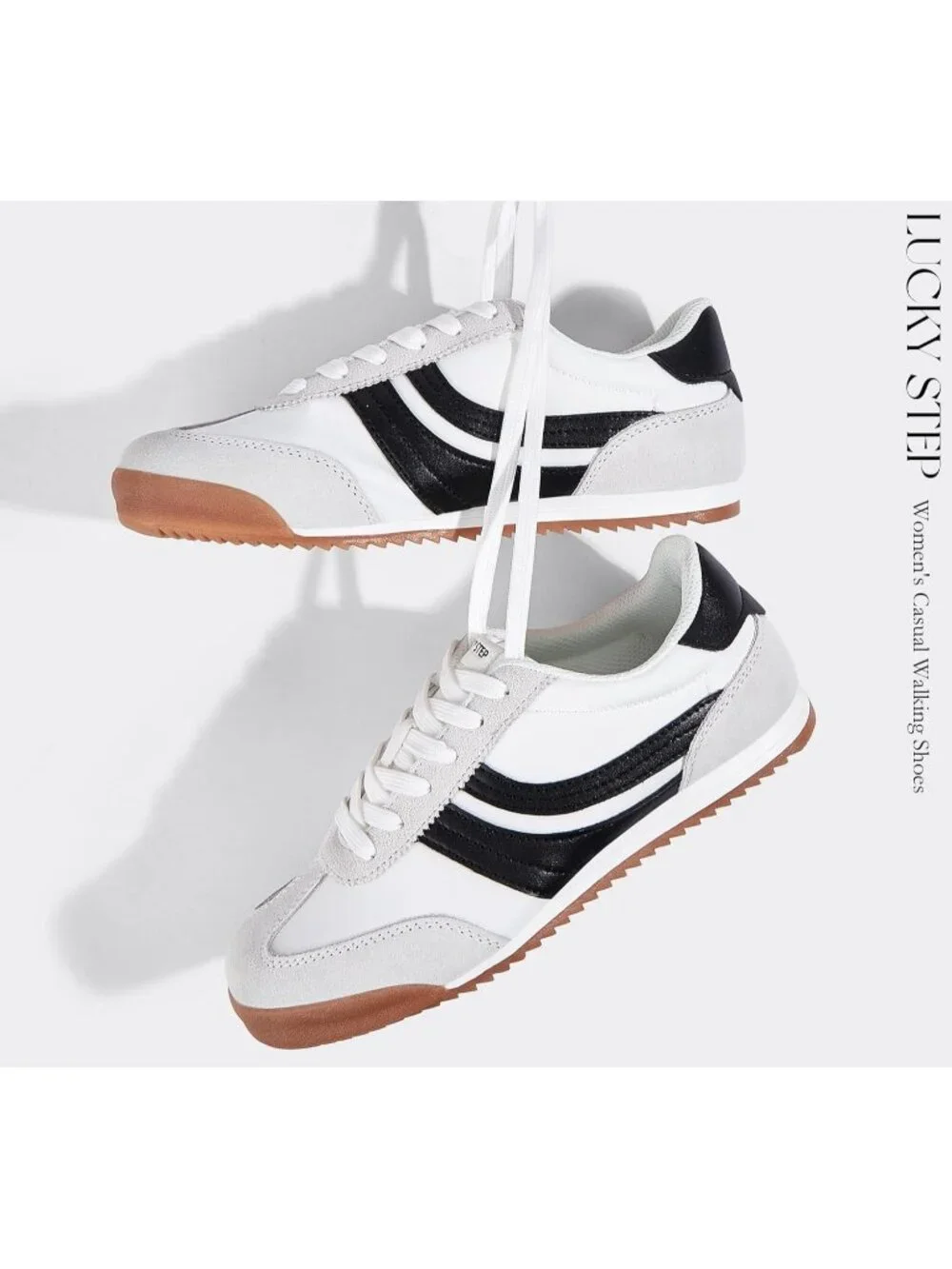 Women's White/Black Lightweight Thin Sole Lace up Anti Slip Retro Sneakers